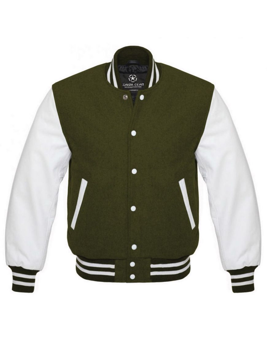 Kids Olive Green And White Varsity Jacket Custom Kids Olive Green And White Varsity Jacket